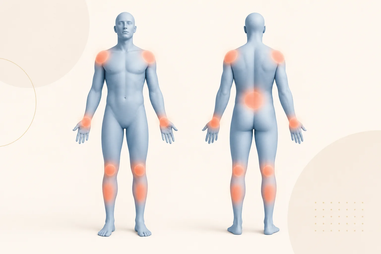 Hombros, espalda baja, muñecas, rodillas y pantorrillas señalados como zonas externas de masaje