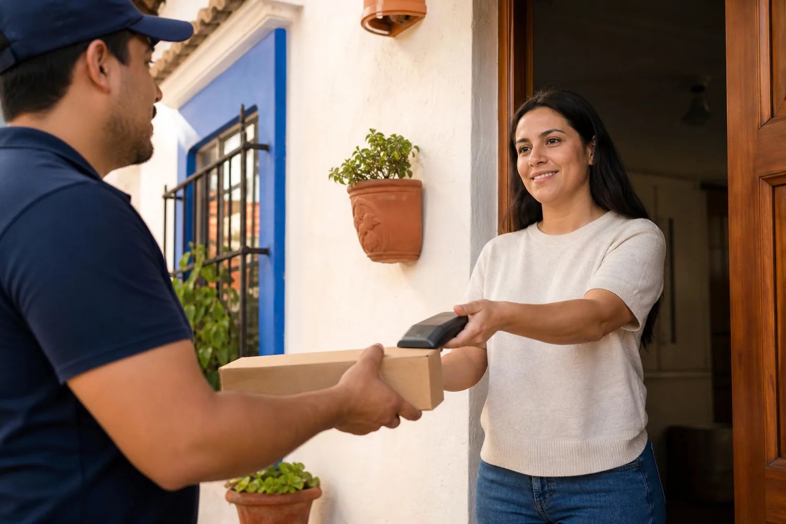 Cliente recibe un paquete sin marca en la puerta de una casa en México