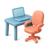 Escritorio de oficina con laptop y silla, icono 3D