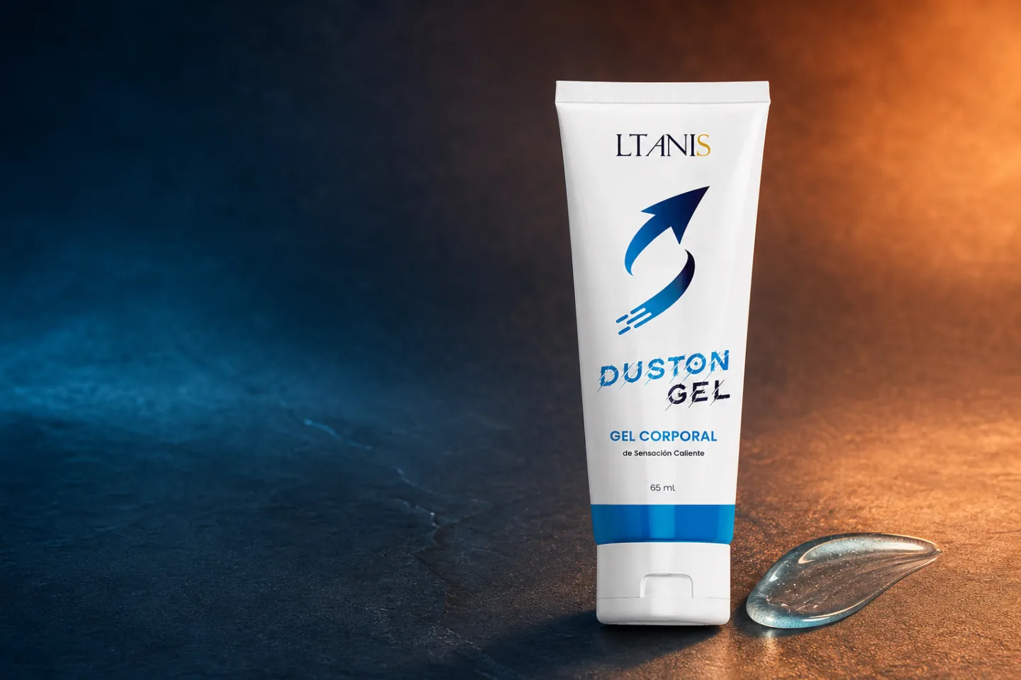 Tubo de Duston Gel LTANIS de 65 ml sobre un fondo azul y cálido