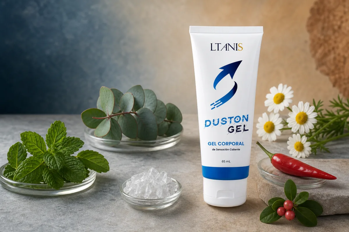Composición editorial de Duston Gel junto a elementos botánicos asociados al material del producto